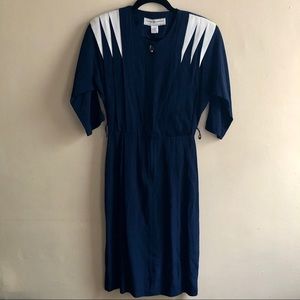 Vintage Navy & White Dress with Diamond Dart Details on Shoulder